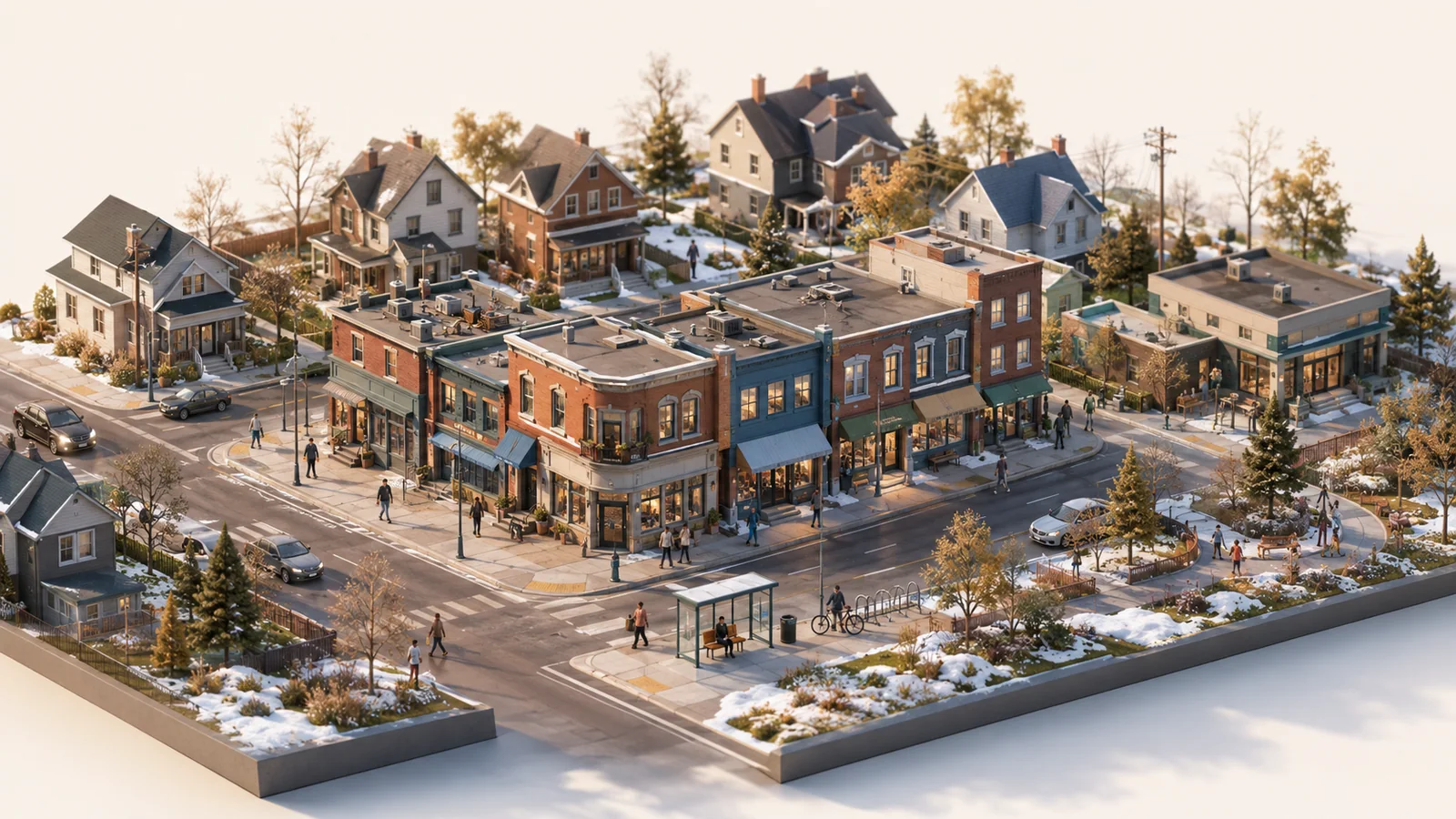 An illustrated Canadian main street with brick storefronts, awnings, and opted-in independent local shops